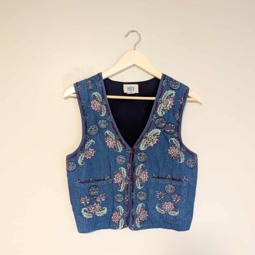 Vintage Denim-Front Button-up Floral Vest - Picture 1 of 3